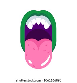 Comic monster mouth with teeth. Cartoon monster mouth with emotions, teeth, tongue and lips. Parts of the face of fictional characters, mystical creatures. Vector illustration.