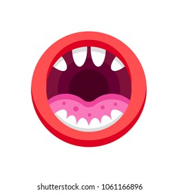 Comic monster mouth with teeth. Cartoon monster mouth with emotions, teeth, tongue and lips. Parts of the face of fictional characters, mystical creatures. Vector illustration.