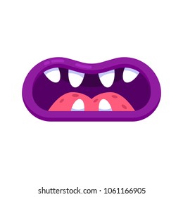 Comic monster mouth with teeth. Cartoon monster mouth with emotions, teeth, tongue and lips. Parts of the face of fictional characters, mystical creatures. Vector illustration.