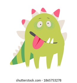 Comic Monster with Spikes Standing Sticking Out Its Tongue Vector Illustration