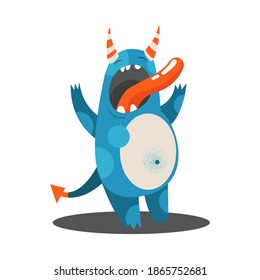 Comic Monster with Spotted Body and Horns Standing with Open Mouth and Shouting Vector Illustration