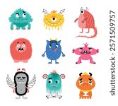 Comic monsters characters. Funny little creatures, colorful cartoon kids mascots, cute fluffy and toothy mutants, fairy animals, vector set