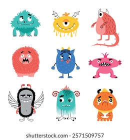 Comic monsters characters. Funny little creatures, colorful cartoon kids mascots, cute fluffy and toothy mutants, fairy animals, vector set