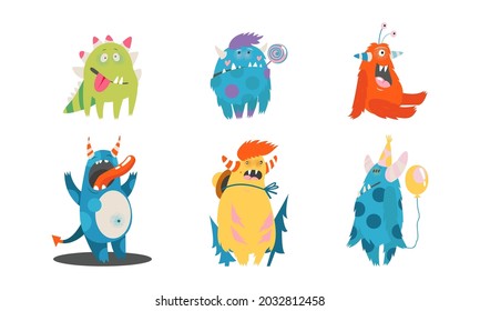 Comic Monsters with Horns Holding Balloon and Having Fun Vector Set