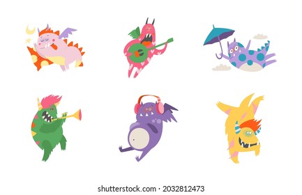 Comic Monsters with Horns Playing Trumpet and Flying with Umbrella Having Fun Vector Set