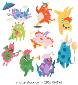 Comic Monsters with Horns and Wings Playing Trumpet and Having Fun Vector Set