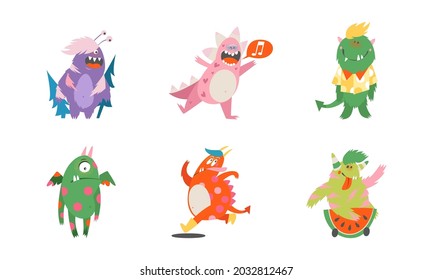 Comic Monsters with Horns and Wings Running and Singing Having Fun Vector Set