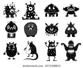 Comic monsters monochrome silhouettes. Funny fairy characters, kids halloween mascots, kawaii cute creatures, black cartoons, vector set