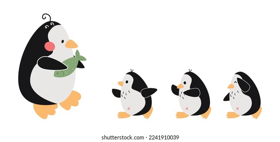 Comic mother penguin giving fish to kids vector illustration. Cartoon drawing of little penguin characters running towards mom isolated on white background. Family, food, wildlife, care concept