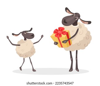 Comic mother sheep giving present to baby vector illustration. Cartoon drawing of little animal character getting gift isolated on white background. Birthday, celebration, family, love concept