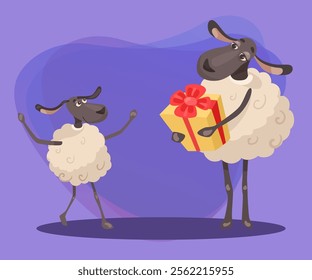 Comic mother sheep giving present to baby vector illustration. Cartoon drawing of little animal character getting gift on abstract background. Birthday, celebration, family, love concept