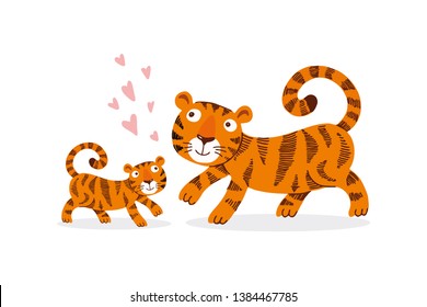 Comic mother tigress with tiger cub hand drawn flat color illustration. Cute african animal cartoon character. Funny Poster, banner, shirt design on white isolated background.