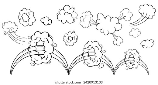 Comic motion effect, clouds speed way, trail set fast wind swirl, puff poof elements isolated on white background. Blow explosion
