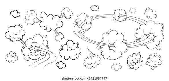 Comic motion effect, clouds speed way, trail set fast wind swirl, puff poof elements isolated on white background. Blow explosion