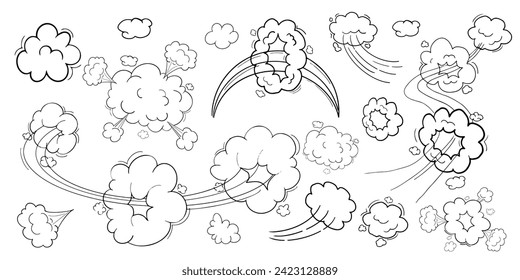 Comic motion effect, clouds speed way, trail set fast wind swirl, puff poof elements isolated on white background. Blow explosion