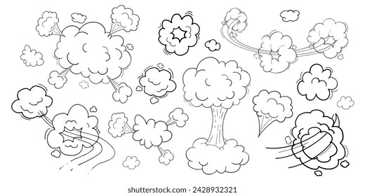 Comic motion effect, clouds speed way, trail set fast wind swirl, puff poof elements isolated on white background. Blow explosion