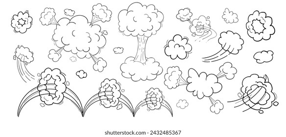 Comic motion effect, clouds speed way, trail set fast wind swirl, puff poof elements isolated on white background. Blow explosion