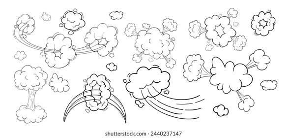 Comic motion effect, clouds speed way, trail set fast wind swirl, puff poof elements isolated on white background. Blow explosion