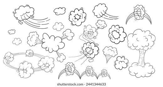 Comic motion effect, clouds speed way, trail set fast wind swirl, puff poof elements isolated on white background. Blow explosion