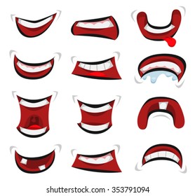 Comic Mouth Emotions Set/ Illustration of a set of funny cartoon human or animals characters mouth with various expressions and emotions, from fear to joy, happiness, sadness, surprise and angry