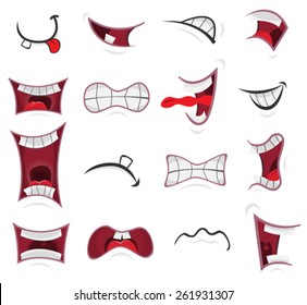 Comic Mouth Set/ Illustration Of A Set Of Funny Cartoon Human Or Animals Characters Mouth With Various Expressions And Emotions, From Fear To Joy, Happiness, Sadness, Surprise, Boring And Angry