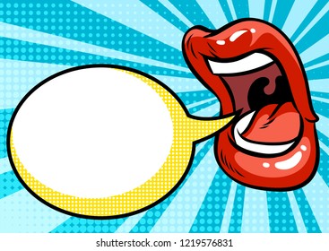 Comic mouth shouting and empty speech bubble. Pop art vector illustration.