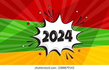 Comic New Year 2024 cloud pop art style background, cartoon speech bubble, Christmas colorful poster, funny balloon. Celebration bg. Vector illustration