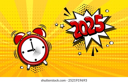 Reloj de alarma cómico del año Nuevo 2025, icono divertido del despertador, burbuja del discurso de la cuenta regresiva en el fondo amarillo. Efecto de sonido y medio tono puntean la sombra en estilo pop art. Tarjeta de dibujos animados de Navidades. Ilustración vectorial