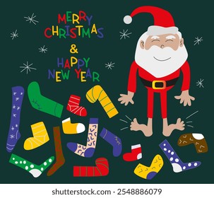 comic New Year greeting card with Santa Claus without boots and a mountain of different and colorful New Year's socks on a dark background with the inscription Merry Christmas, vector illustration