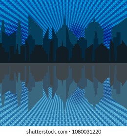 Comic night cityscape template with city silhouette reflection radial and halftone effects in blue colors. Vector illustration