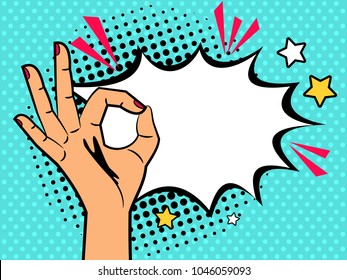 Comic Ok Sign. Hand Of Cartoon Vintage Woman With Ok Gesture And Text Burst Box Vector Illustration