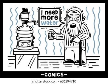 Comic old man with a staff and a glass wants to drink more water