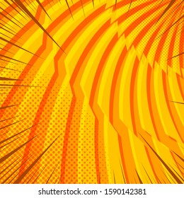 Comic orange bright dynamic background with spiral rays and halftone effects. Vector illustration