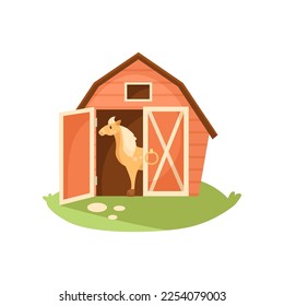 Comic orange horse in stable or barn vector illustration. Cartoon drawing of domestic animal character inside red wooden building isolated on white background. Nature, farming, agriculture concept