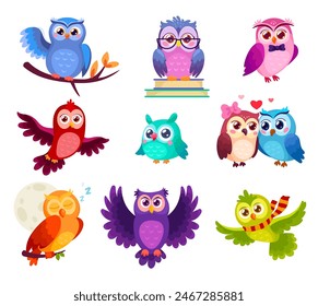 Cómico owlet. Caricatura divertida búho lindo pájaro personajes, expresión de la cara feliz niño búhos jóvenes gran ojo animal animal del bosque criatura, owlets conjunto Ilustración vectorial de búho animal, personaje de dibujos animados divertido