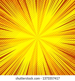 Comic page abstract bright background with rays radial and halftone effects in yellow colors. Vector illustration