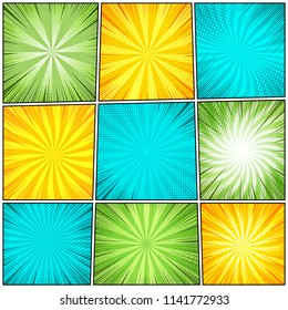 Comic page abstract bright set with dotted halftone rays radial dotted humor effects in yellow turquoise green colors. Vector illustration