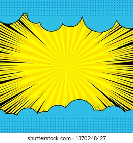 Comic page abstract light concept with blue clouds radial rays and halftone humor effects on yellow background. Vector illustration