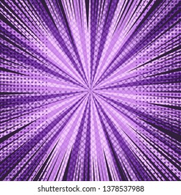 Comic page abstract purple template with explosive rays radial and halftone effects. Vector illustration