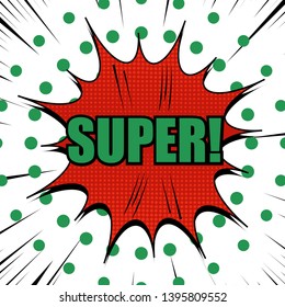 Comic page abstract template with green Super wording red speech bubble spiral circles and rays humor effects. Vector illustration