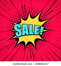 Comic page abstract template with turquoise Sale wording yellow speech bubble sound halftone and rays humor effects on red background. Vector illustration