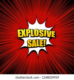 Comic page advertising concept with white speech bubble yellow Explosive Sale wording rays and halftone effects on red background. Vector illustration