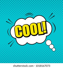 Comic page background with Cool wording, white speech bubble, clouds, sound and halftone effects. Vector illustration