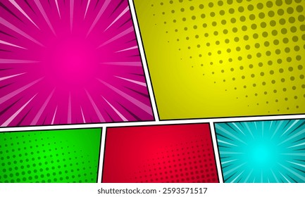 Comic page background with radial humor effect and halftone rays in various colors.