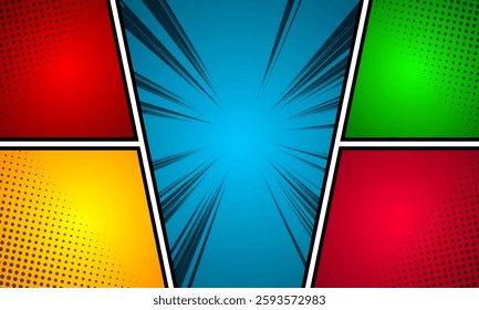 Comic page background with radial humor effect and halftone rays in various colors.