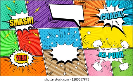 Comic page background with speech bubbles Crack Kapow Smash Yes wordings stars lightnings sound halftone rays slanted lines and radial effects in different colors. Vector illustration