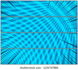 Comic page blue horizontal banners with radial rays circles and halftone humor effects. Vector illustration