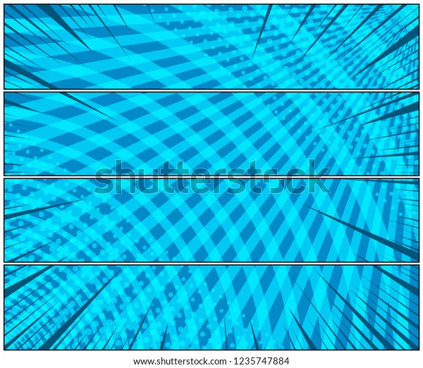 Comic page blue\
horizontal banners with radial rays circles and halftone humor\
effects. Vector\
illustration
