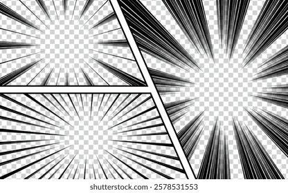 Comic page book background with radial slash rays and halftone humor effect. Blank template. Vector illustration