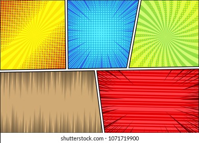 Comic page book bright background with radial slanted lines rays and halftone humor effects in different colors. Blank template. Vector illustration